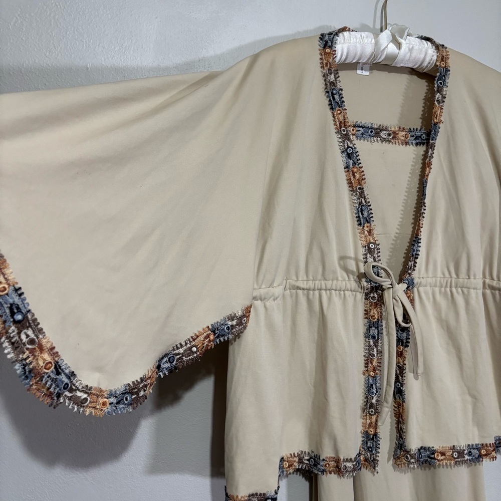 70s Union Made Beige Maxi Slip Dress Lace Detail Kaftan Style Cardigan Wrap Vtg - Picture 8 of 16